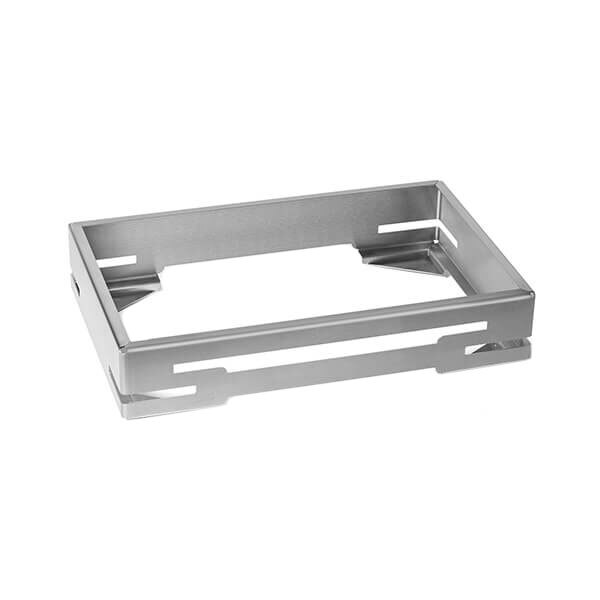 A silver metal rectangular serving base by Rosseto.