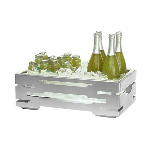 A Rosseto stainless steel container filled with ice and bottles of green liquid.