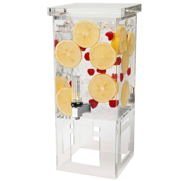A clear plastic Rosseto beverage dispenser with lemon slices and berries in it.