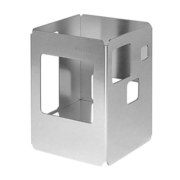 A silver metal container with a square shape and cut out windows.