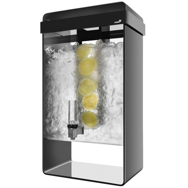 A black Rosseto beverage dispenser with lemons and ice in it.