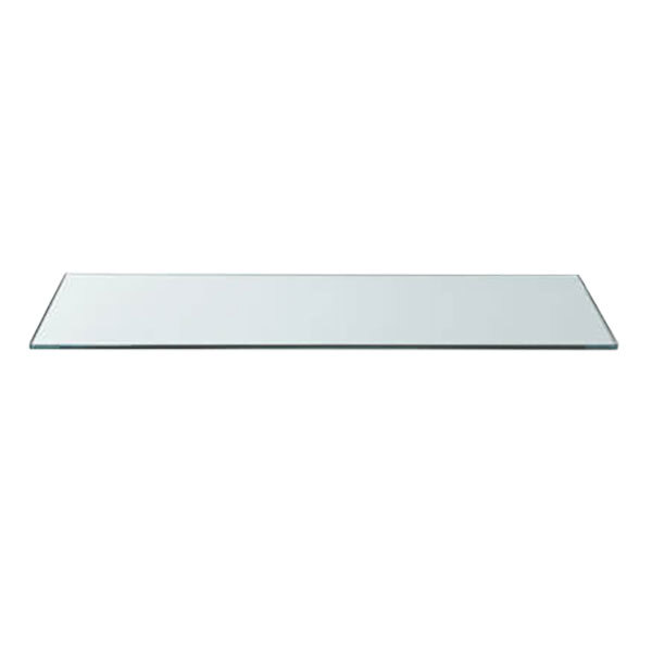 A rectangular clear tempered glass riser shelf on a table.