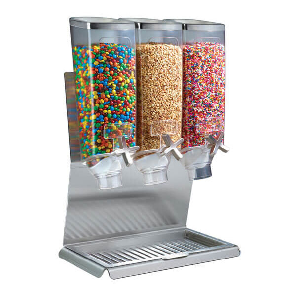 A row of Rosseto triple cereal dispensers on a counter.