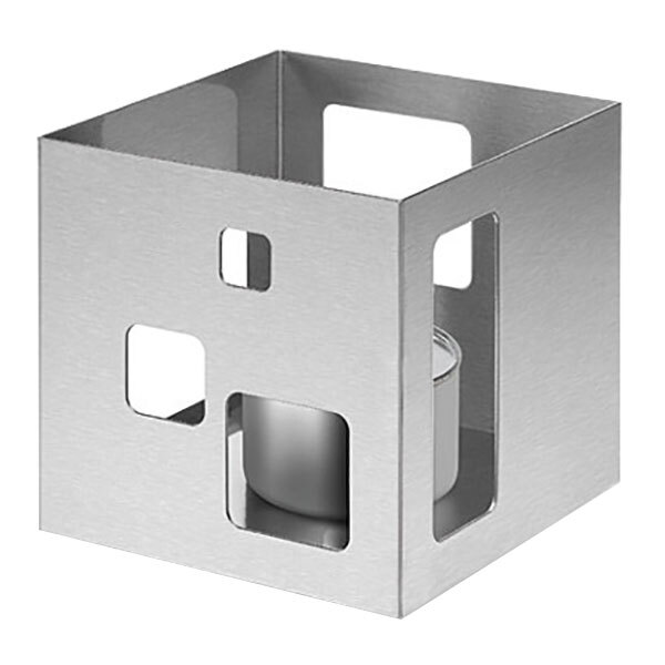 A brushed stainless steel square warmer with a candle inside.