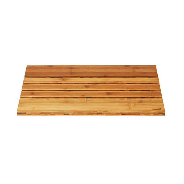 A Rosseto natural bamboo slatted bread board on a wood surface.