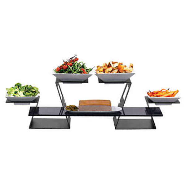 A Rosseto black matte display riser with three bowls of food on a table.