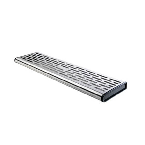 A silver rectangular stainless steel catch tray with holes.