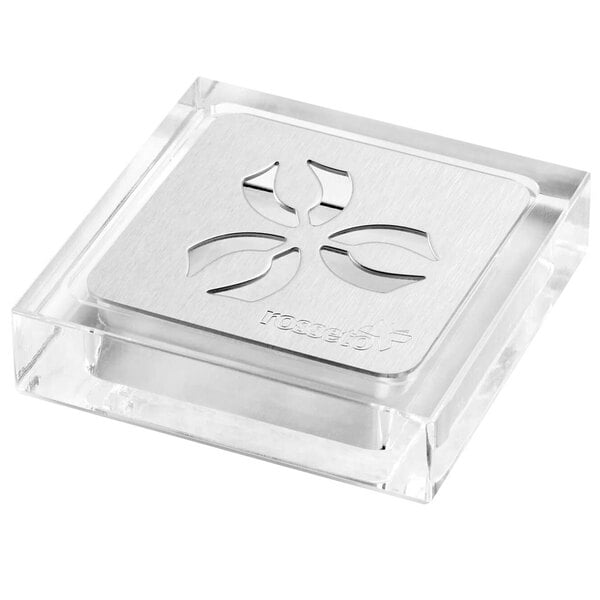 A clear square Rosseto drip tray with a silver metal insert.
