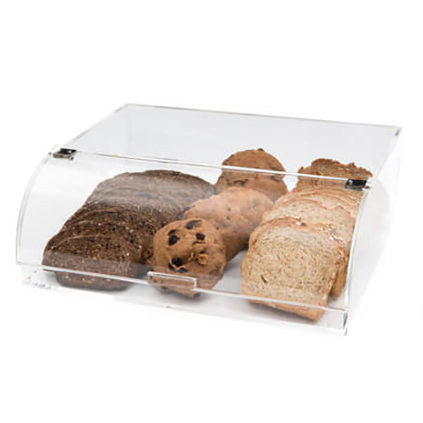 A clear acrylic bakery display case with different types of bread inside.