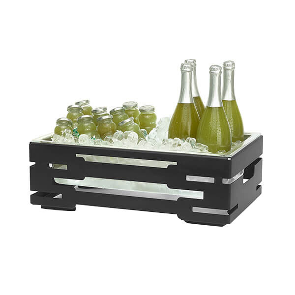 A black Rosseto steel container with clear acrylic insert holding ice on a table with bottles in it.