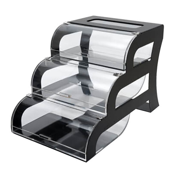 A Rosseto black and clear acrylic bakery display case with three tiers on a black steel stand.