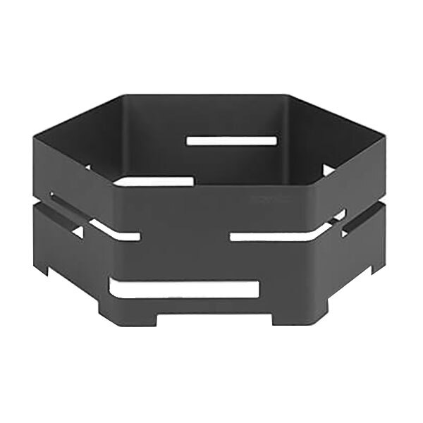 A black metal hexagon riser with white lines.