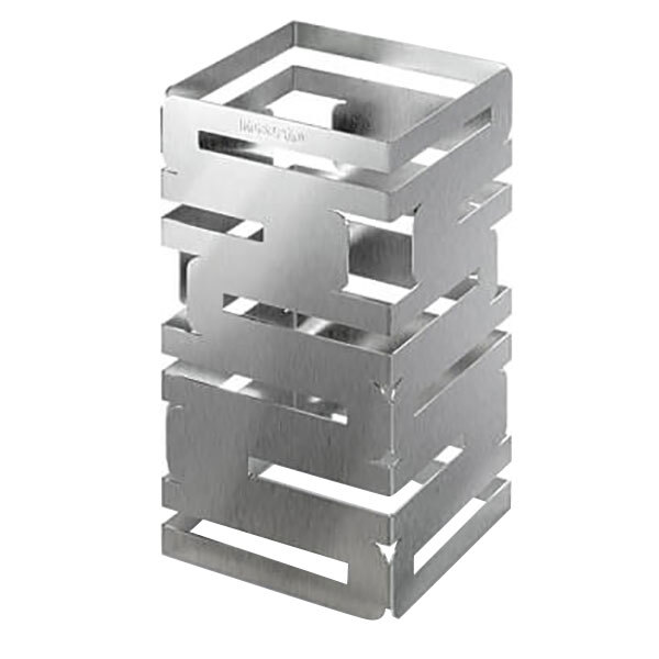 A silver metal Rosseto Skycap multi-level riser with a square shape and holes.