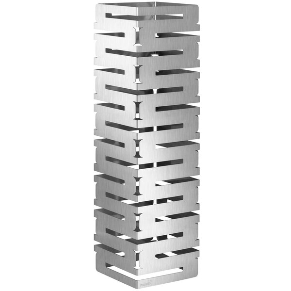 A stainless steel metal riser with a metal base and a patterned metal top.