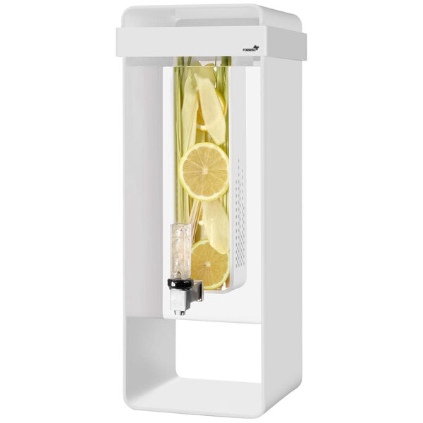 A white Rosseto infusion beverage dispenser with lemons inside.