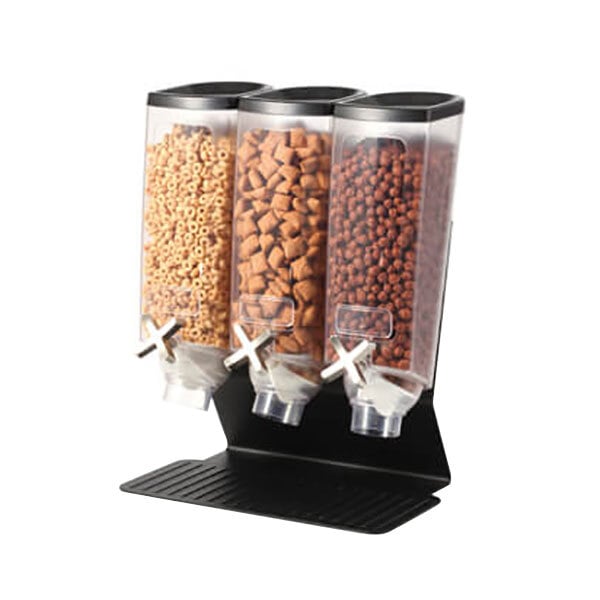 A Rosseto black steel triple cereal dispenser stand with glass canisters filled with nuts and seeds.