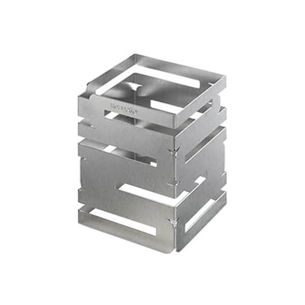 A stainless steel square multi-level riser with holes in the top.