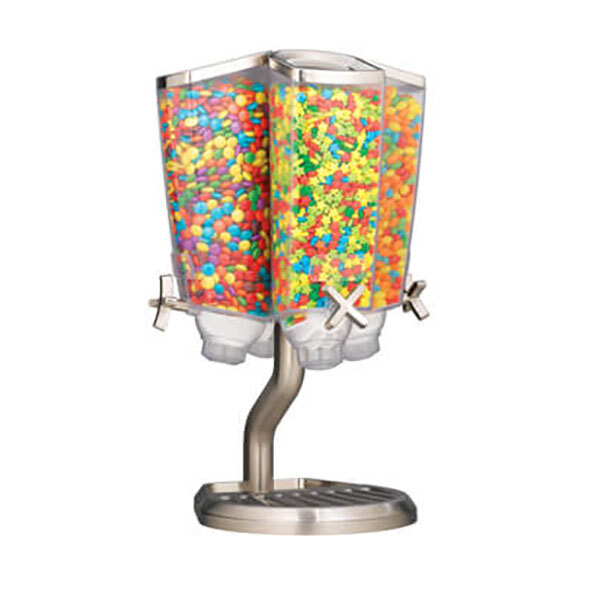 A close-up of a metal Rosseto carousel food dispenser with multiple candy containers.