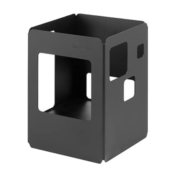 A black cube-shaped steel warmer with cut-out holes in the middle.
