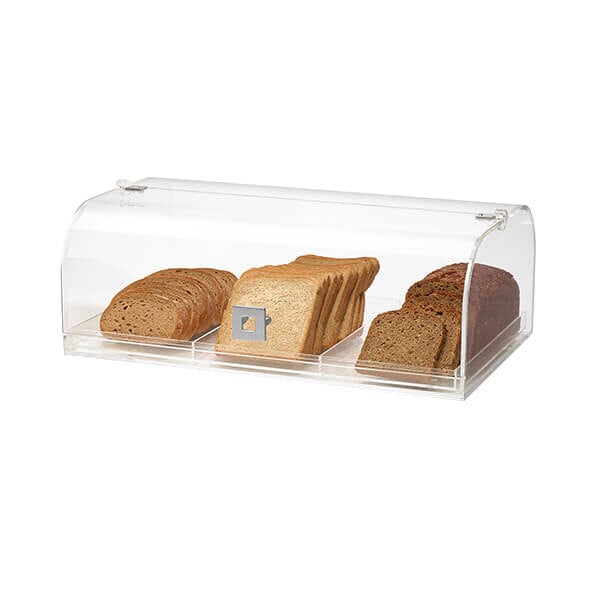 A clear acrylic Rosseto bakery display case with sliced bread on a counter.