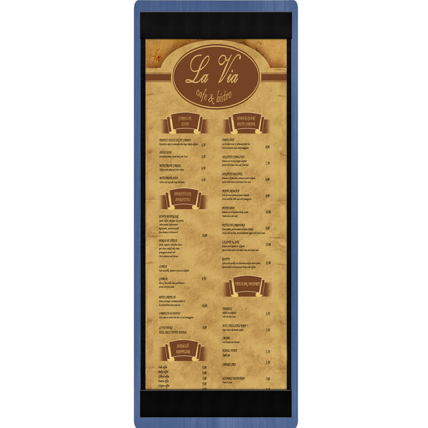 A customizable wood menu board with top and bottom strips on a brown background.