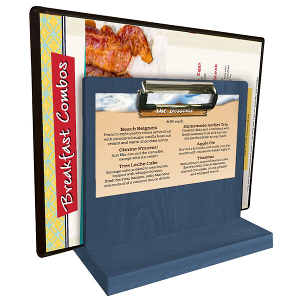A Menu Solutions denim wood tabletop menu caddy with a menu clipped to it.