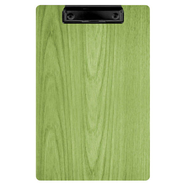 A Menu Solutions wood clipboard with a green wood surface and black clip.
