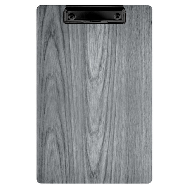 A Menu Solutions wood clipboard with a grey wood grain.
