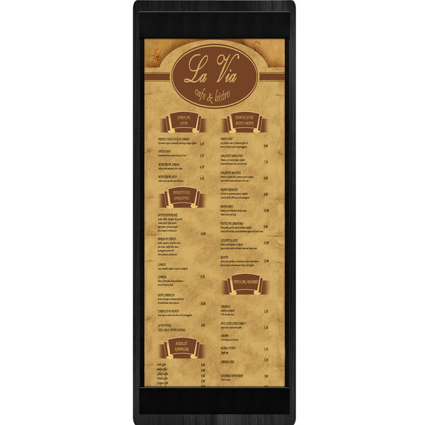 A black wood menu board with top and bottom strips.