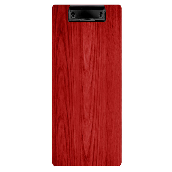 A red wooden Menu Solutions clipboard with a black clip.
