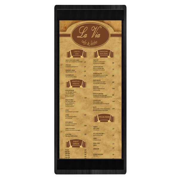 A black wood menu board with top and bottom strips.