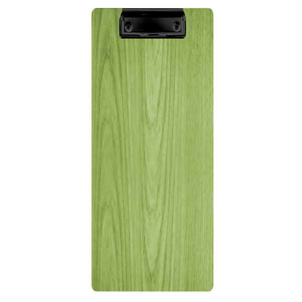 A green wood Menu Solutions clipboard with a black clip.