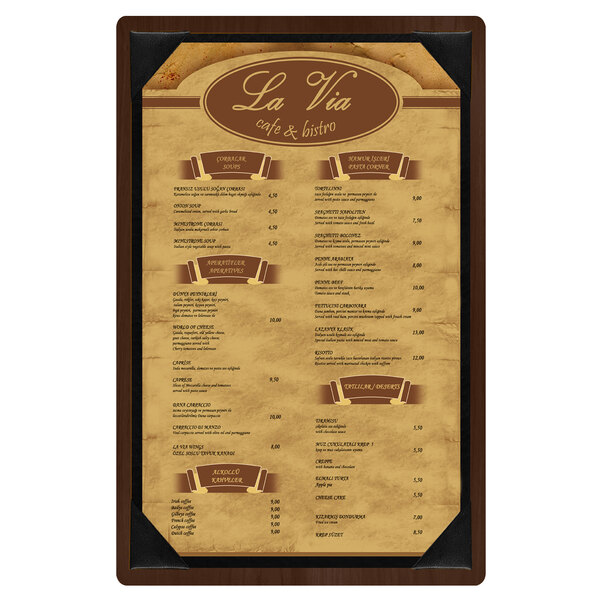 A Menu Solutions walnut wood menu board with picture corners on a white background.