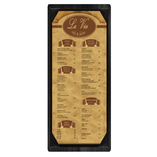 A customizable wood menu board with picture corners.