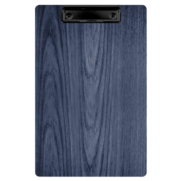 A Menu Solutions denim wood clipboard with a blue wood finish.