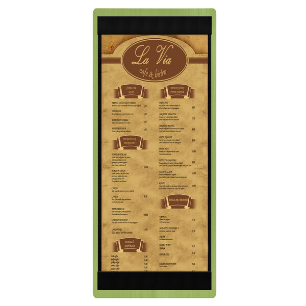 A Menu Solutions wood menu board with top and bottom strips and a green background.