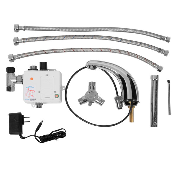 A white Equip by T&S hands-free sensor deck mount faucet with control box module and plumbing parts.