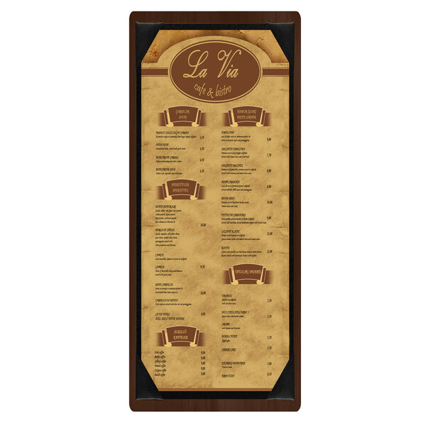 A Menu Solutions walnut wood menu board with picture corners and a brown frame.