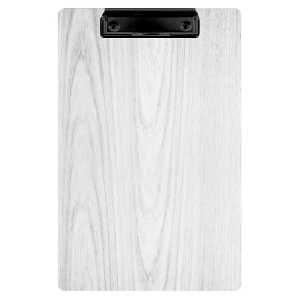 A white wood Menu Solutions clipboard with black clip.