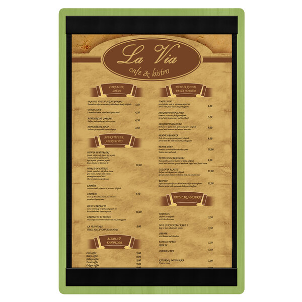 A Menu Solutions wood menu board with a green frame.