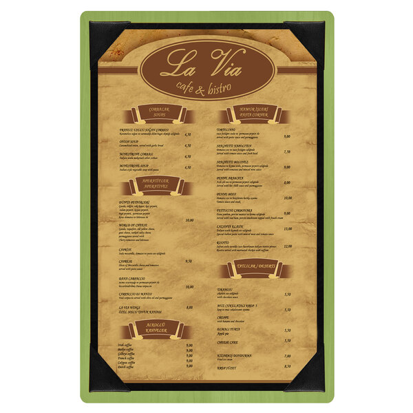 A Menu Solutions wood menu board with a white background and green frame.