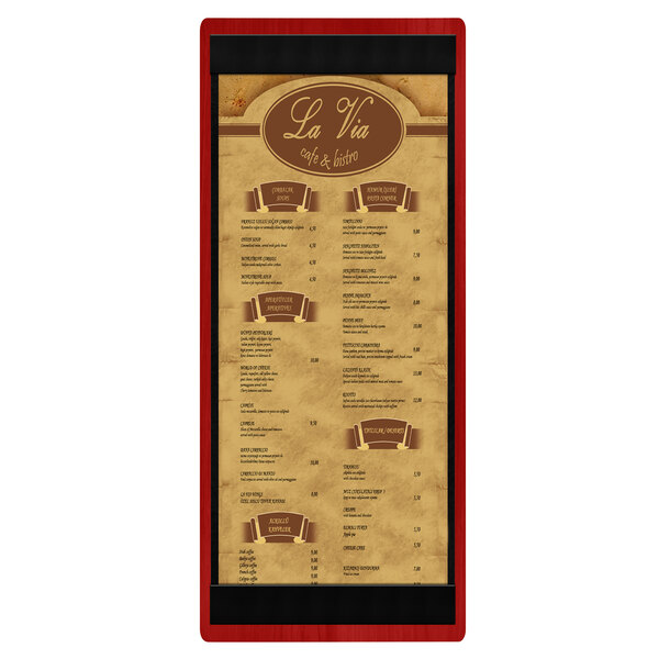 A Menu Solutions wood menu board with top and bottom strips and a brown frame.