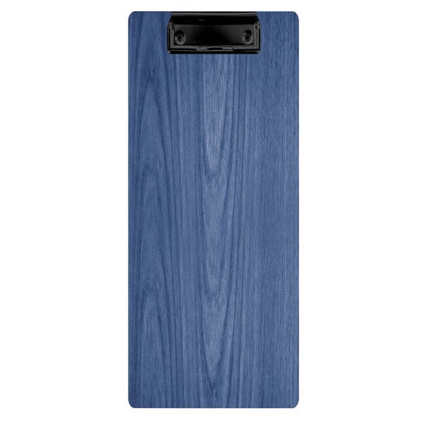 A blue wood clipboard with a black clip.