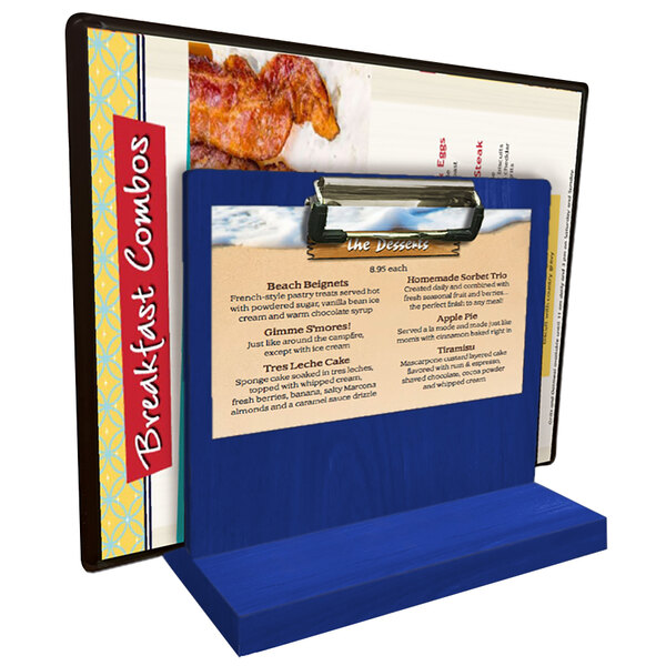 A blue Menu Solutions wood table caddy with a menu on it.