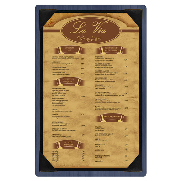 A white wood menu board with picture corners.