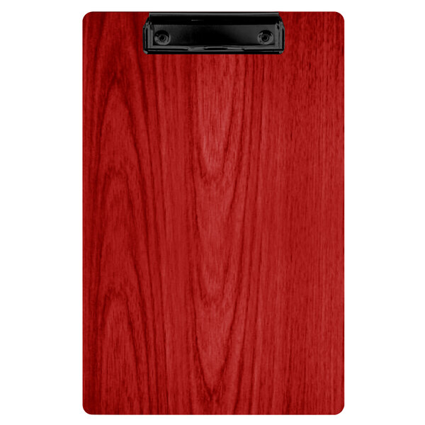 A red wood Menu Solutions clipboard with a black clip.