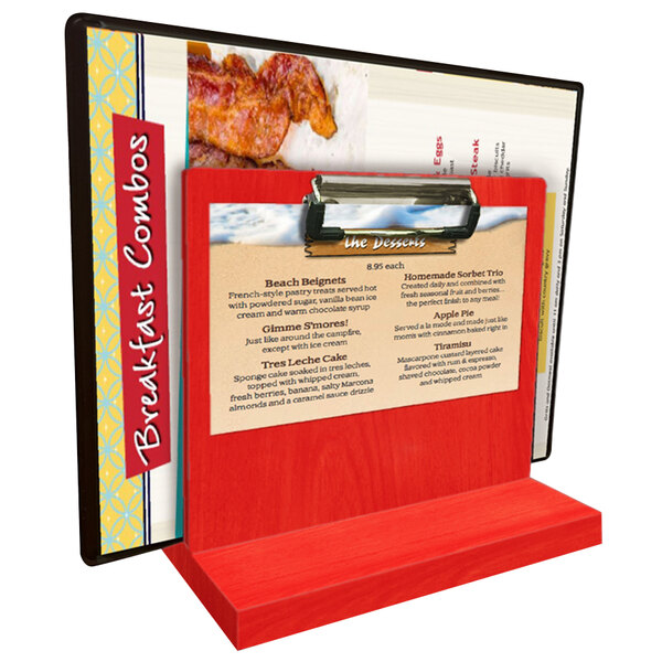 A red wooden Menu Solutions table caddy with a menu on it.