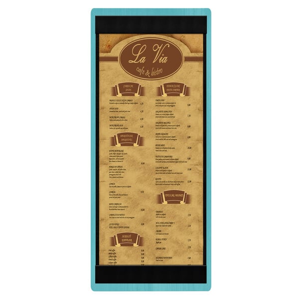 A Sky Blue wood menu board with top and bottom strips.