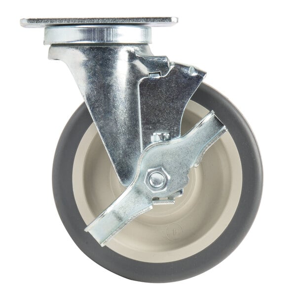 A 5" swivel plate caster with a metal wheel.