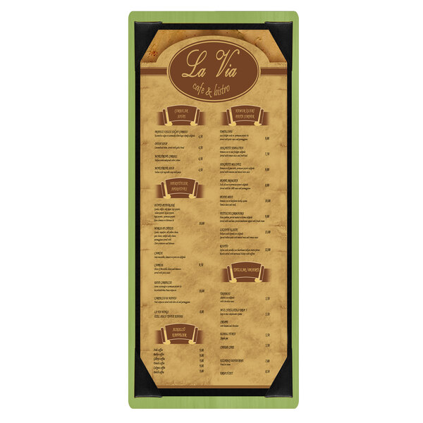 A white wood menu board with brown and green picture corners, holding a menu.